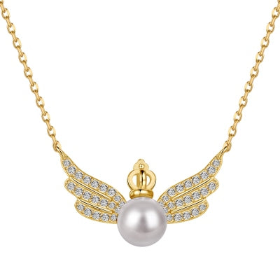 Crowned Feathered Angel Wing Pearl Necklace